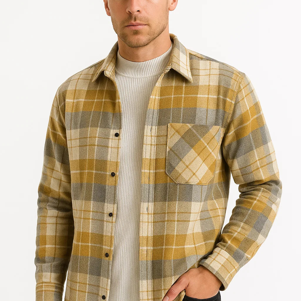 Men's Casual Shirt Cotton-Polyester Blend Long Sleeve Checkered Khaki