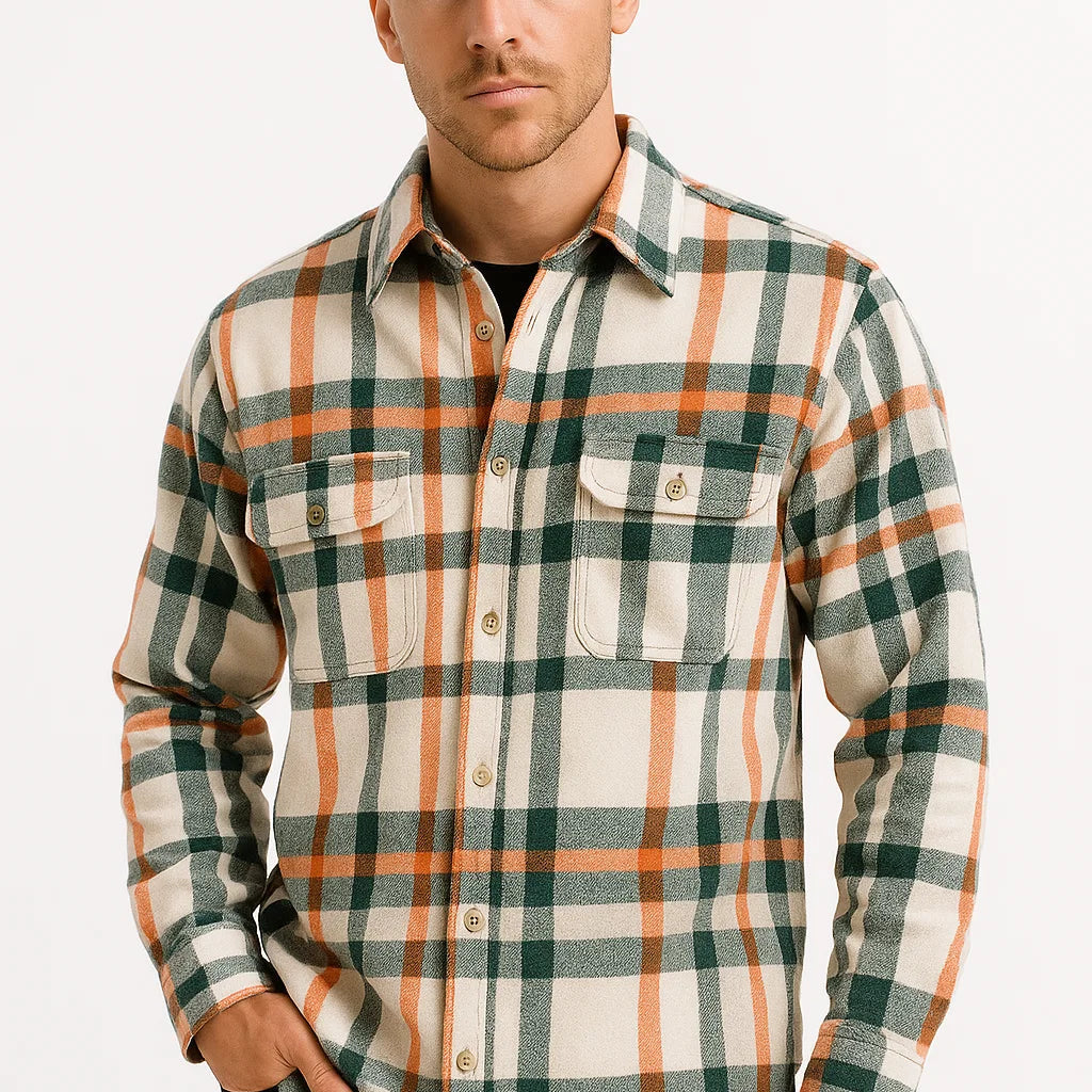Men's Casual Shirt Cotton-Polyester Blend Long Sleeve Checkered Khaki