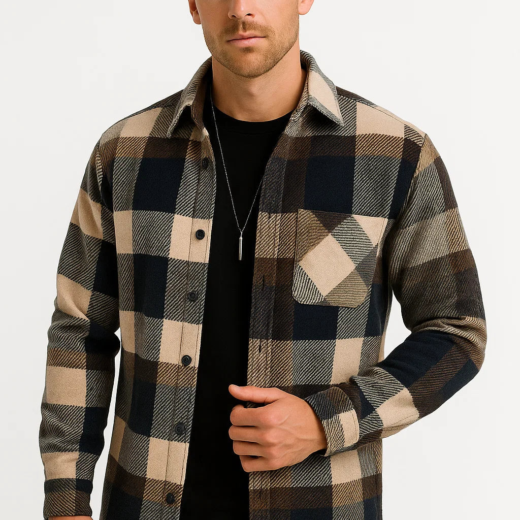 Men's Casual Shirt Cotton-Polyester Blend Long Sleeve Checkered Khaki