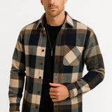 Men's Casual Shirt Cotton-Polyester Blend Long Sleeve Checkered Khaki