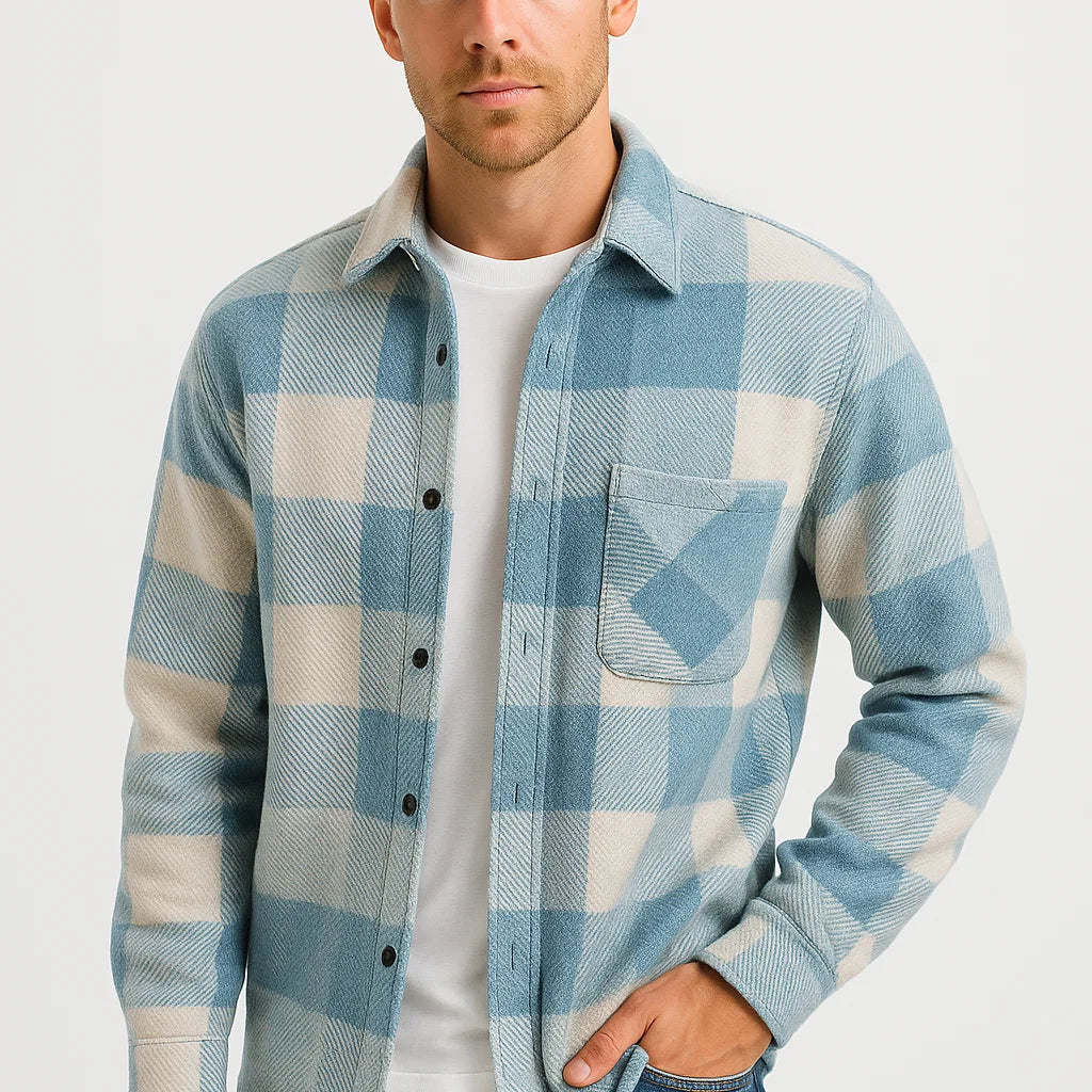 Men's Casual Shirt Cotton-Polyester Blend Long Sleeve Checkered Khaki