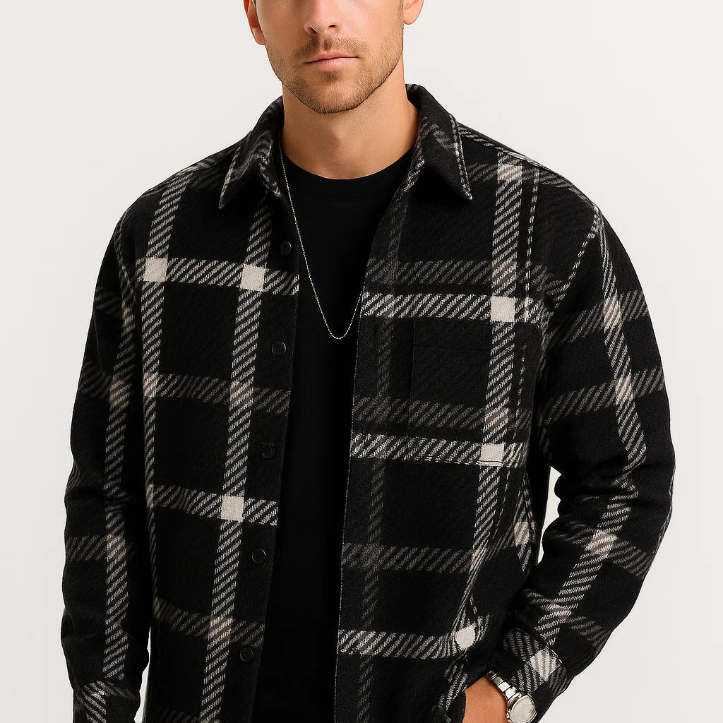 Men's Casual Shirt Cotton-Polyester Blend Long Sleeve Checkered Khaki