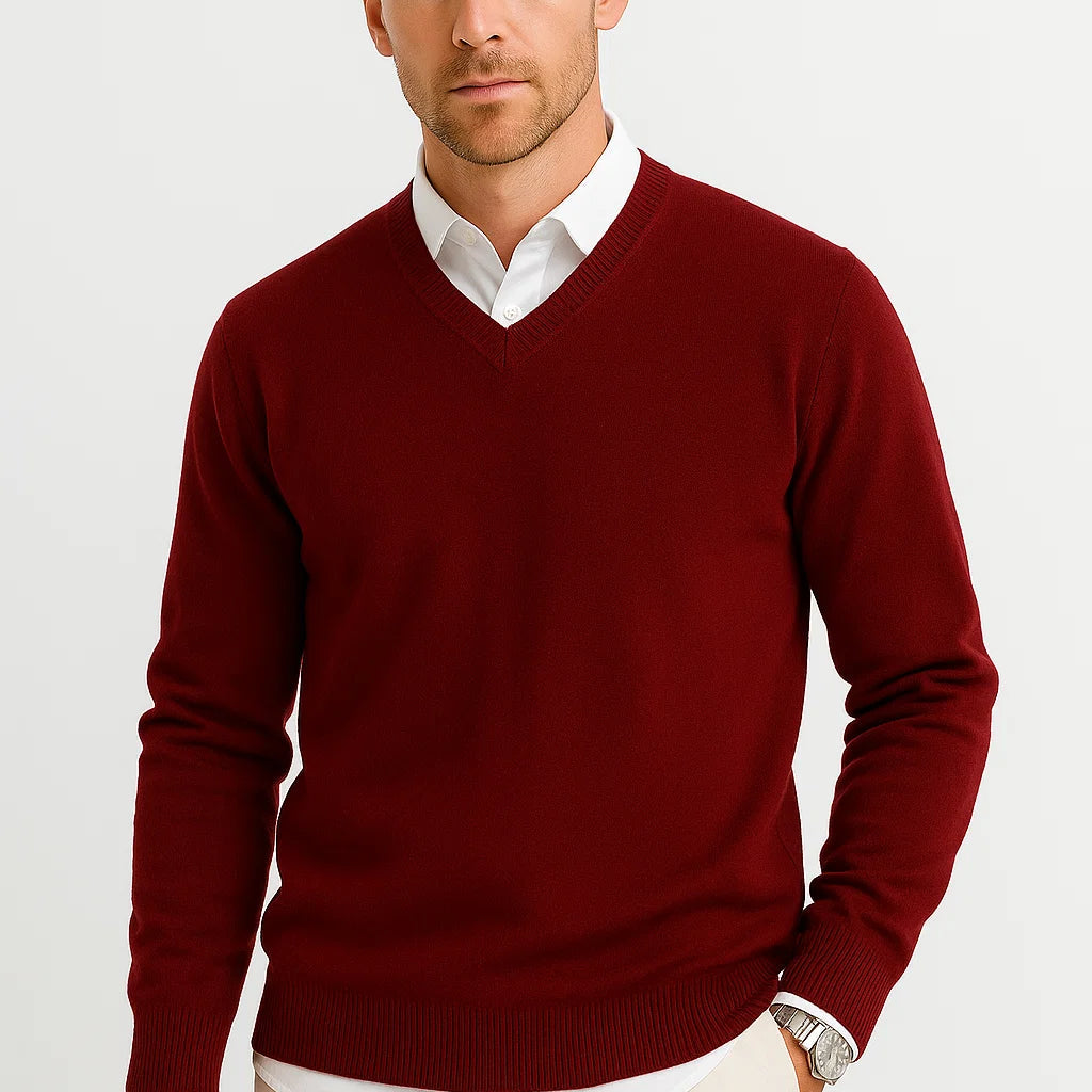 Men's Sweater Wool-Polyester Blend V-Neck Lightweight