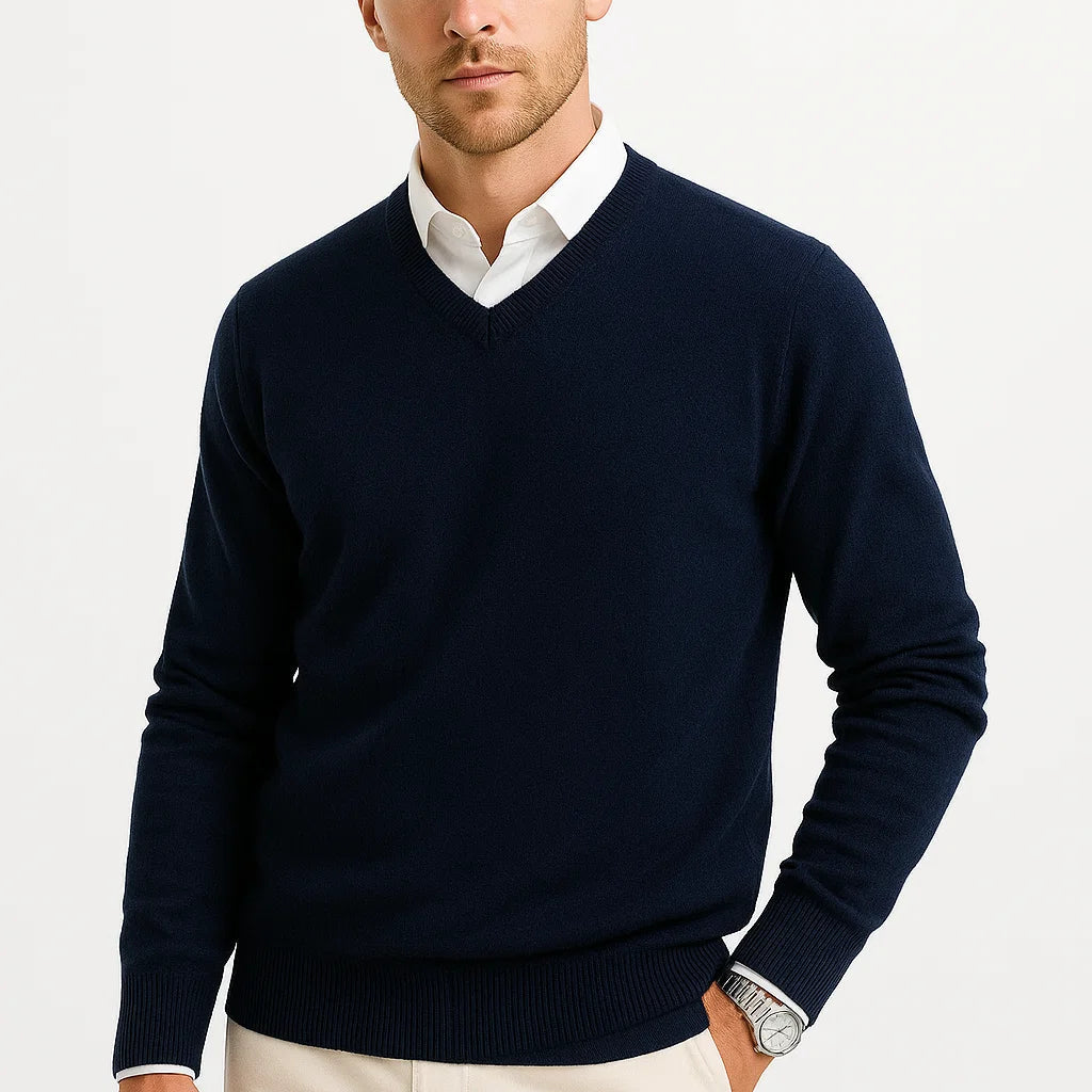 Men's Sweater Wool-Polyester Blend V-Neck Lightweight