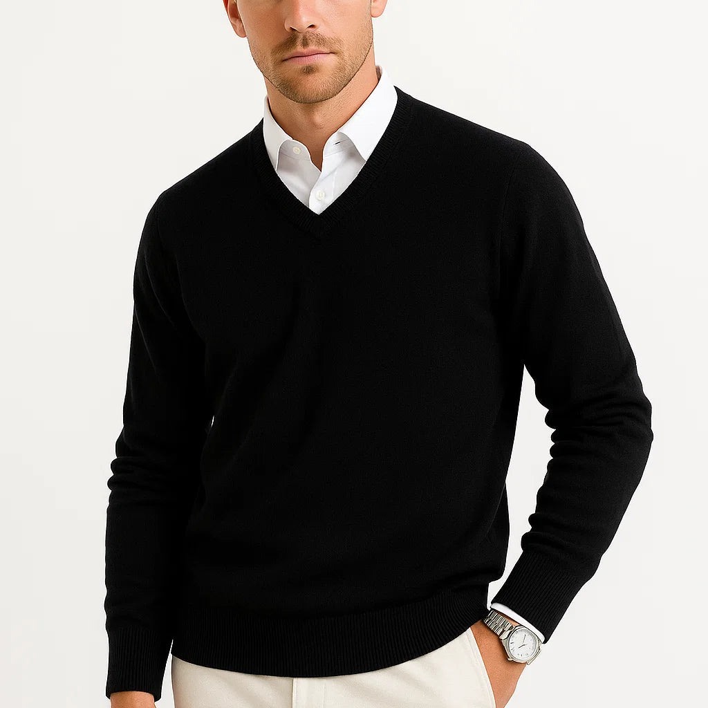 Men's Sweater Wool-Polyester Blend V-Neck Lightweight