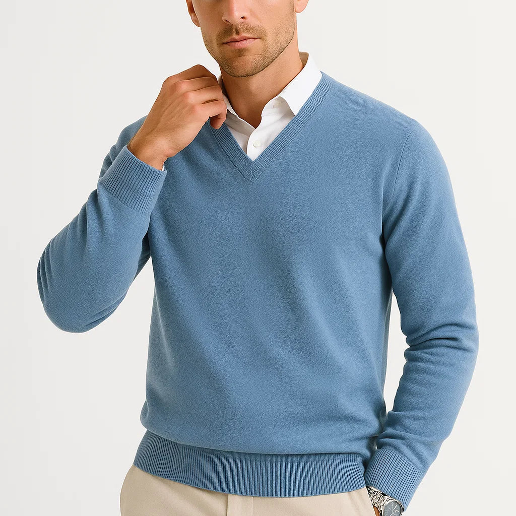 Men's Sweater Wool-Polyester Blend V-Neck Lightweight