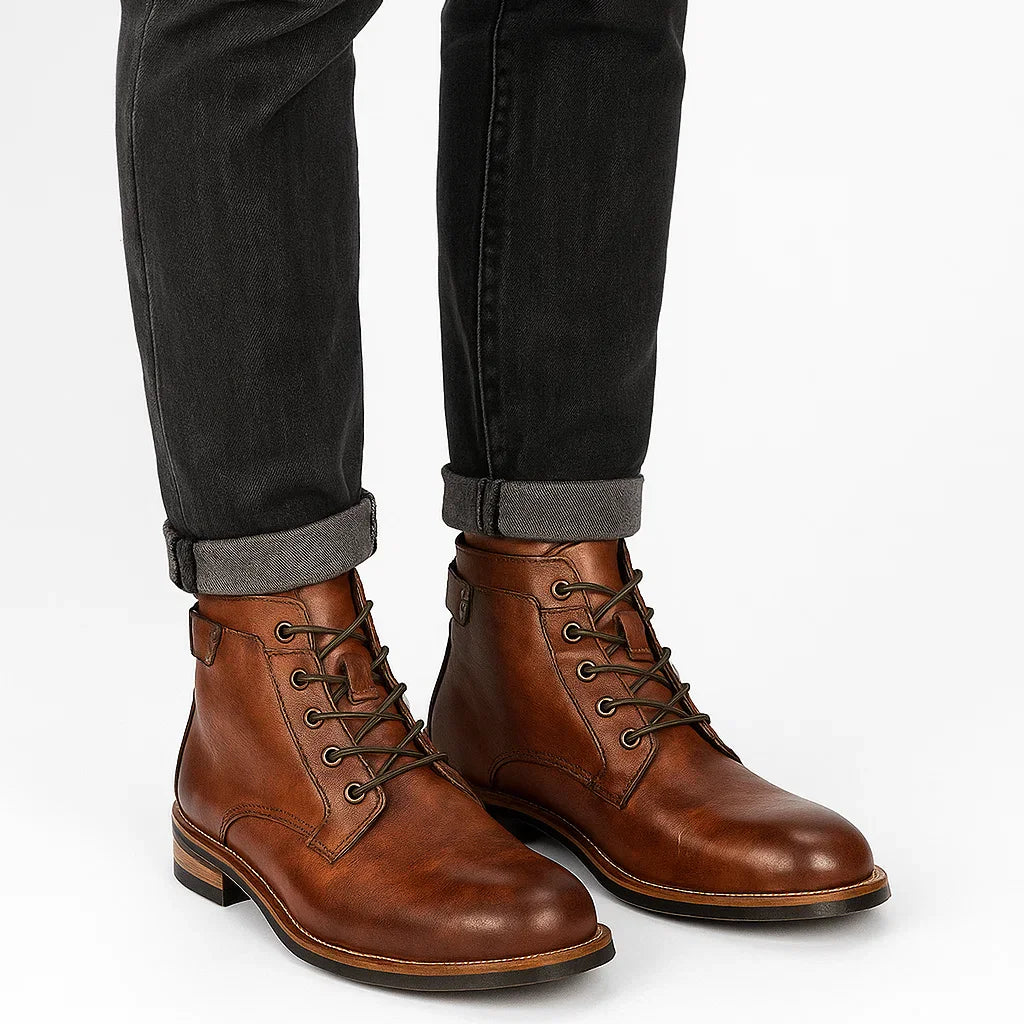 Men's Leather Ankle Boots Lace-Up Comfort Durable Black