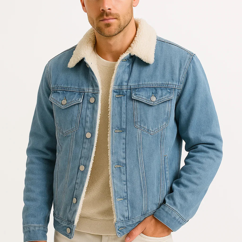 Men's Fleece Jacket Denim Thickened Winter Loose Fit
